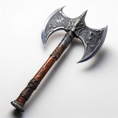A fierce war axe with a sharp, double-edged blade rests against a clean white background, highlighting its rugged design and polished metal