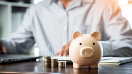 Concepts of saving money and financial planning. Men manually manage budgets to save expenses and savings. earnings, financial, loan, economic, finance, wealth, piggy bank, assurance, future.