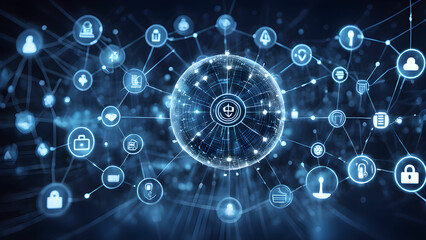Obraz premium Abstract illustration depicting a futuristic global network security system interconnected nodes security icons.