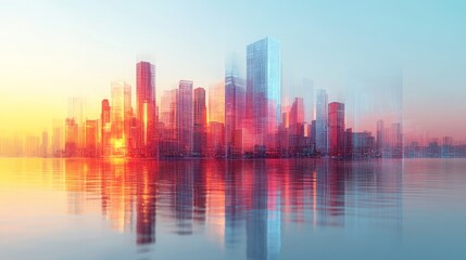 Modern cityscape reflected in calm water with vibrant colors