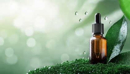 Fototapeta premium Serum bottle placed on a lush bed of moss, surrounded by dewdrops, morning sunlight filtering through leaves, creating a fresh, organic, and luxurious feel