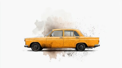 Vintage Yellow Car with Artistic Splash Background, Side View, Perfect for Transport and Retro Theme Projects