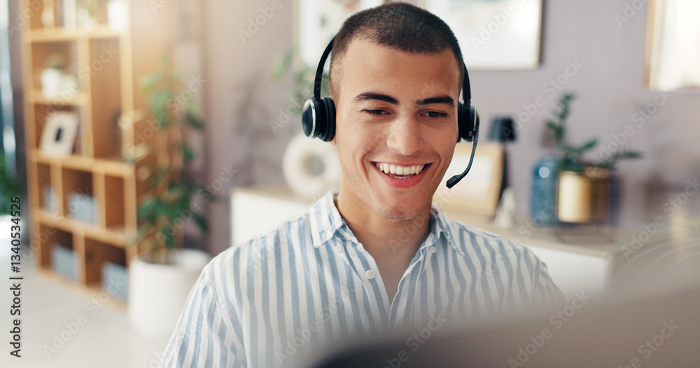 Poster virtual assistant, remote work and man with headset in home for customer support, online help and ta
