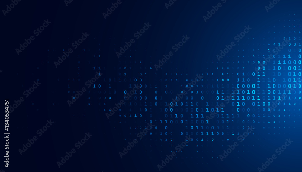 Poster Big Data and Binary Code Technology Background. Abstract Blue Matrix of Digital Data, AI, Cybersecurity, and Blockchain Concepts. Futuristic Tech Code Flow Vector Illustration.