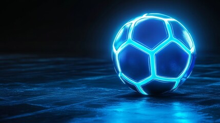 Naklejka premium A neon blue soccer ball glowing against a dark background, creating a futuristic sports theme. 