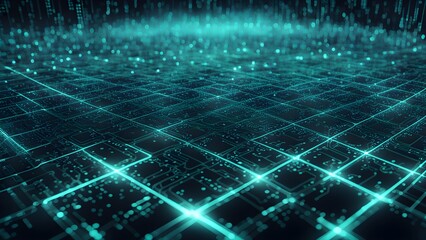 Abstract image a futuristic digital network grid glowing teal lines bokeh effects, representing data flow connectivity.