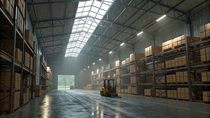 Fototapeta premium Retail warehouse full of shelves with goods, Distribution warehouse with a lot of shelfs with cardboard, Logistics and transportation blurred background