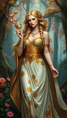 Fair maiden with blossoms in a mystical forest.