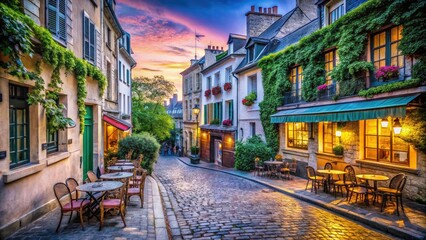 Obraz premium Montmartre Old Street Paris France, High Depth of Field Photography, Charming Cobblestone Streets, Scenic Parisian Alleyway, Picturesque View, Artistic Architecture