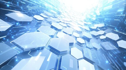 Modern 3D hexagonal technology abstract background features blue bright energy flashes under hexagons in a futuristic technology design against a white background illustration