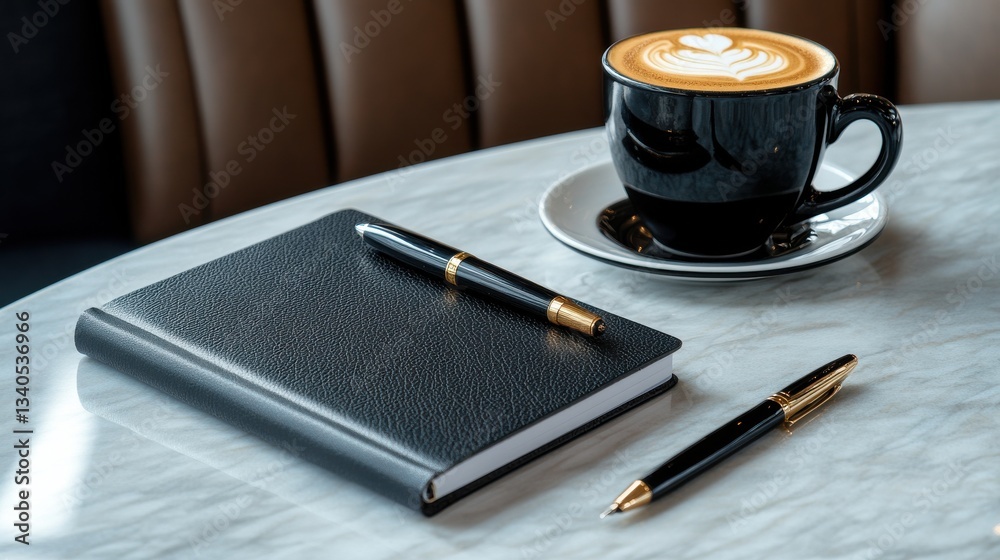 Poster a black leather bound notebook sits on a table with a cup of coffee and two pens
