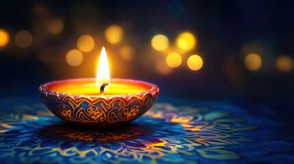 Diwali background with a beautiful candle glowing on a dark blue and yellow color, mandala pattern bokeh lights, and space for text. The traditional Indian festival of light concep