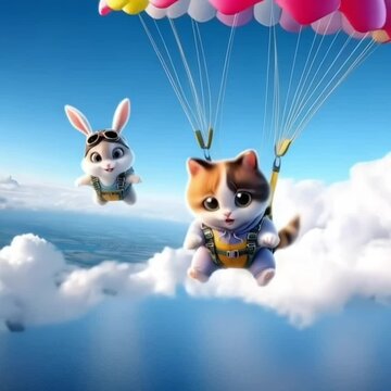 a cat and a rabbit are skydiving