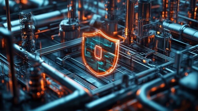 A complex network of industrial pipelines overlaid with a digital shield, symbolizing the protection of critical infrastructure from cyber intrusions.