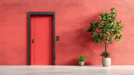 Fototapeta premium Modern Elevator Design with Red Wall, Green Plants, and Minimalist Aesthetic in Contemporary Interior Space