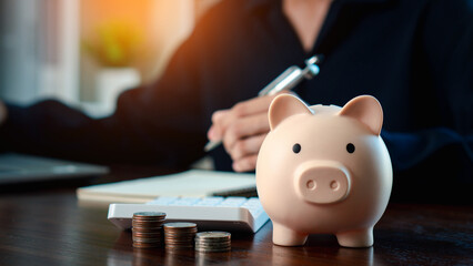 Concepts of saving money and financial planning. Men manually manage budgets to save expenses and savings. earnings, financial, loan, economic, finance, wealth, piggy bank, assurance, future.