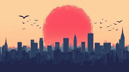 Fototapeta premium Urban skyline silhouette at sunset with flying birds above