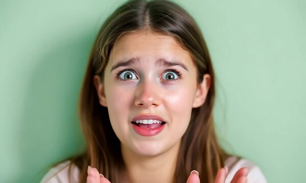Scared Teen Girl Close Up Portrait Pastel Green Background