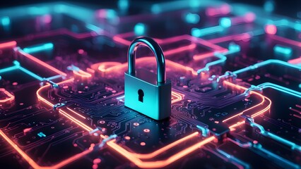 A 3D rendering a metallic padlock a neon-lit circuit board, symbolizing digital security data protection.