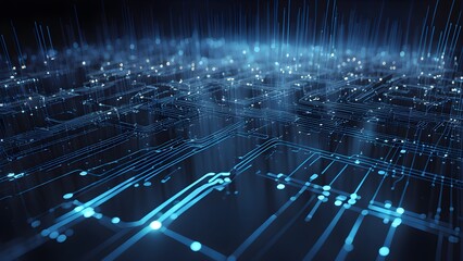 Obraz premium Abstract image a futuristic digital circuit board glowing blue lines nodes, representing technology data flow.