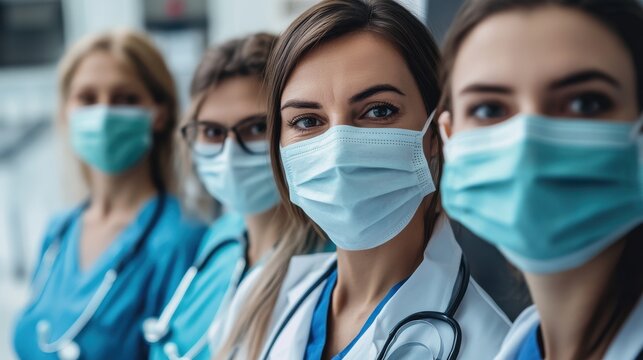 Group of doctors with face masks looking at camera, corona virus concept.