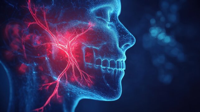 A 3D medical illustration of the trigeminal nerve branching across the face, with a red glowing area highlighting pain near the jaw and cheek, accompanied by text explaining trigem illustration
