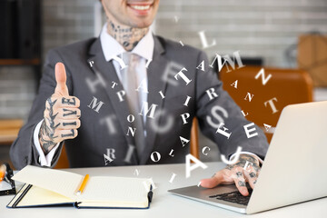 Young businessman using virtual screen at table in office, closeup