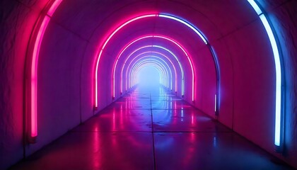 A long tunnel is illuminated with vibrant pink and blue lights