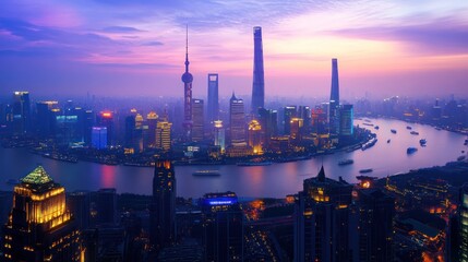 Fototapeta premium A beautiful cityscape showing tall buildings near a river during dusk