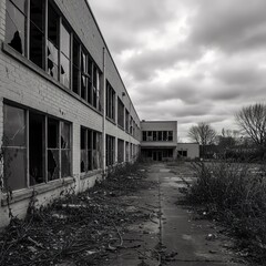 Abandoned building with broken windows evokes a hauntingly beautiful scene, capturing urban decay and forgotten histories.