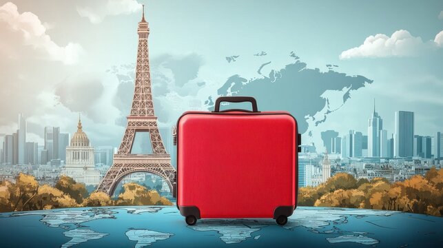 Red suitcase is standing on a world map with the eiffel tower and a cityscape in the background, celebrating world tourism day illustration