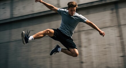 Dynamic urban parkour captured in action, showcasing agility and athleticism against a concrete backdrop.