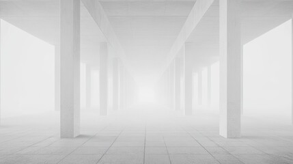 Fototapeta premium White concrete hallway, empty, foggy, architectural, interior, modern, empty space, high ceilings