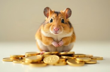 Chubby hamster sitting on gold coins stack