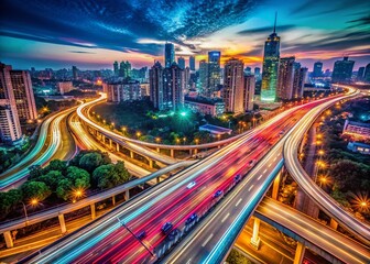 Night City Highway Traffic Lights Blurred Motion - Aerial Drone Shot