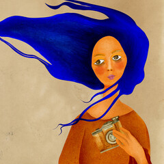 Ilustracja młoda kobieta z aparatem fotograficznym postać bajkowa, niebieskie włosy   tekstura. © Monika