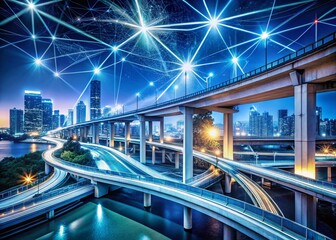 Fototapeta premium Night Cityscape: Automotive Overpass & Bridges, Abstract Blue Lines