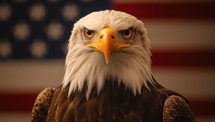 Obraz premium Powerful bald eagle with an intense gaze in front of a rustic American flag symbolizing strength patriotism and freedom in a dramatic artistic representation