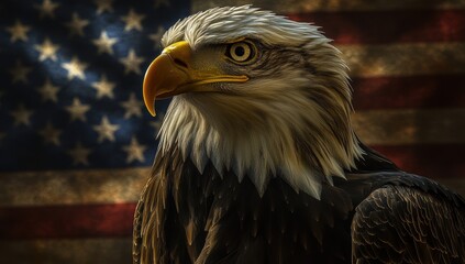 Naklejka premium Powerful bald eagle with an intense gaze in front of a rustic American flag symbolizing strength patriotism and freedom in a dramatic artistic representation