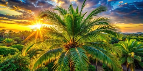 Fototapeta premium Stunning Drone Shot: Golden Hour Palm Tree, Phoenix Roebelenii, Backlit Leaves, Aerial View, Tropical Paradise, Nature Photography