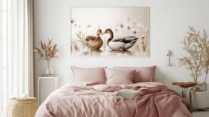 Cute poster with two ducks on white wall of tasteful bedroom interior with bed with pastel pink bedding