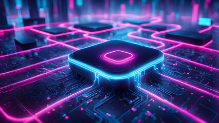 Abstract image a futuristic neon circuit board glowing pink blue lines, showcasing technological advancement innovation.