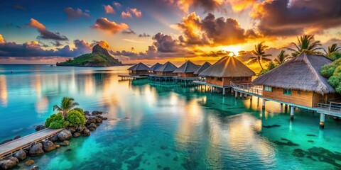 Obraz premium Stunning Tropical Beach Panorama: Long Exposure Bungalows Overwater Bungalows Seascape Palm Trees Coastline