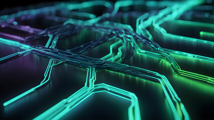 Close-up a glowing abstract teal purple circuit board intricate lines pathways.