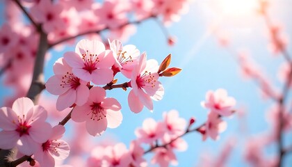 Naklejka premium Beautiful pink blossoms blooming on branches against a blue sky