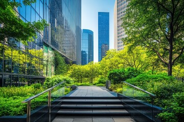 Urban park pathway leading to skyscrapers with lush greenery and modern architecture view point