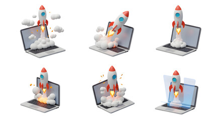 Rocket launching from laptop screen shows concept of startup business