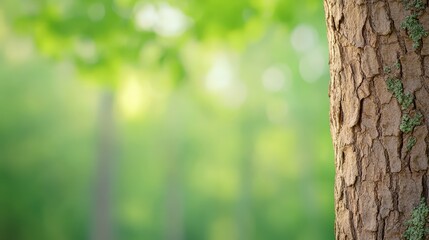 Obraz premium Close-up of a tree trunk with textured bark, surrounded by soft-focus green foliage in a serene natural setting, Tree Bark Texture natural close-up