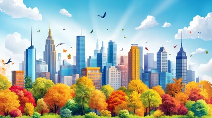 Obraz premium Autumnal cityscape scene with colorful trees and modern buildings