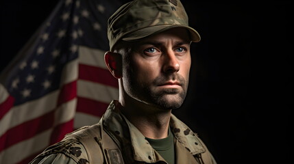 Fototapeta premium Portrait of an American soldier, Retro photo, vintage photo. Patriotic banner, American Independence Day, Memorial Day.